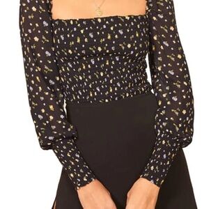 Reformation Pinto Posie Black Floral Smocked Blouse